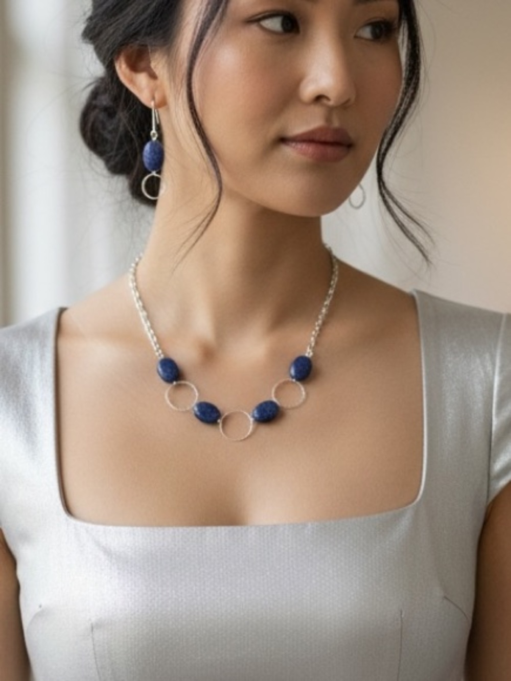 HAND CRAFTED LAPIS LAZULI NATURAL STONE NECKLACE & EARRINGS SET Silver-Plated